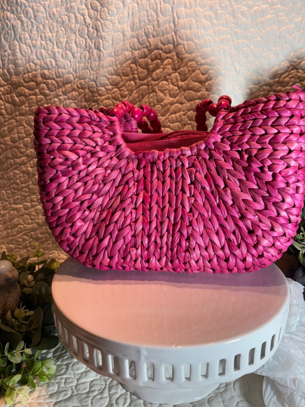 Sun and Sand Woven Pink Straw Satchel Bag